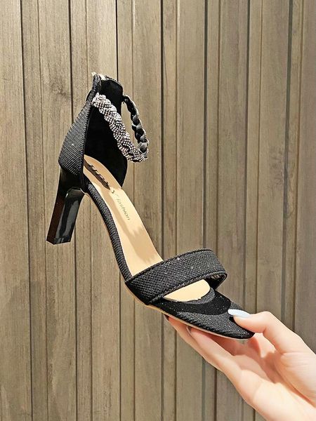 

dress shoes sandals elastic band open toe comfort for women strappy heels all-match buckle suit female beige slip-on peep girls rhine, Black