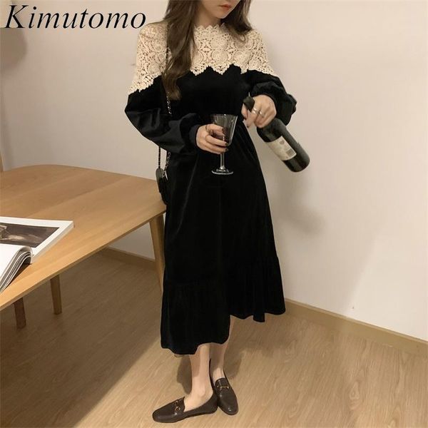 

casual dresses kimutomo women vintage velvet dress spring autumn ladies o-neck lace patchwork slim waist long sleeve vestidos elegant, Black;gray