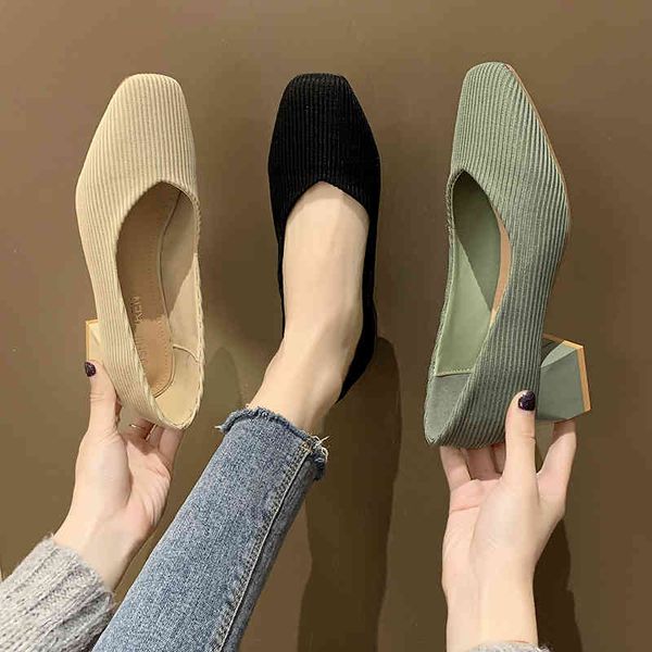 

aphixta knitting stretch high heels for women 5cm square solid color shoe spring autumn office heels rubber outsole shallow pump k731, Black
