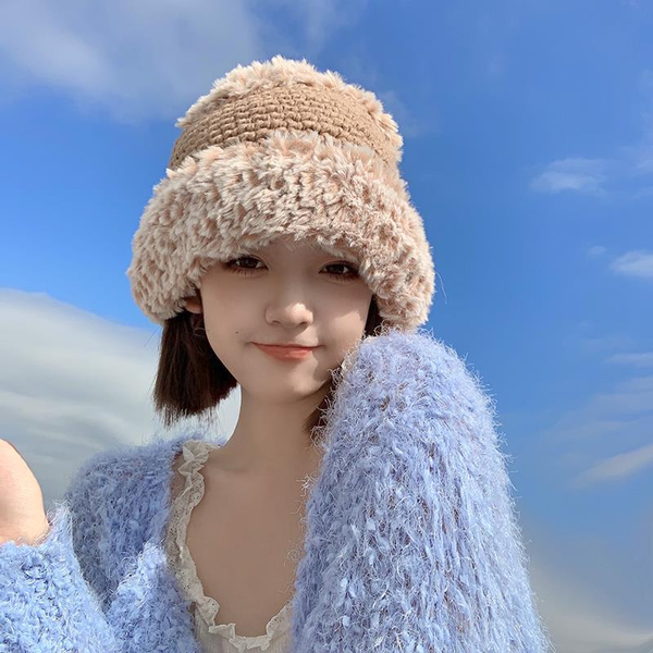 

luxury stingy brim hats hat female tide plush japanese knitted wool hat lovely rabbit hair warm fisherman hat, Blue;gray