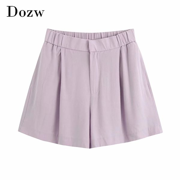 

solid casual shorts women summer elastic waist pleated short pants lady pocket purple color loose shorts female spodenki 210414, White;black