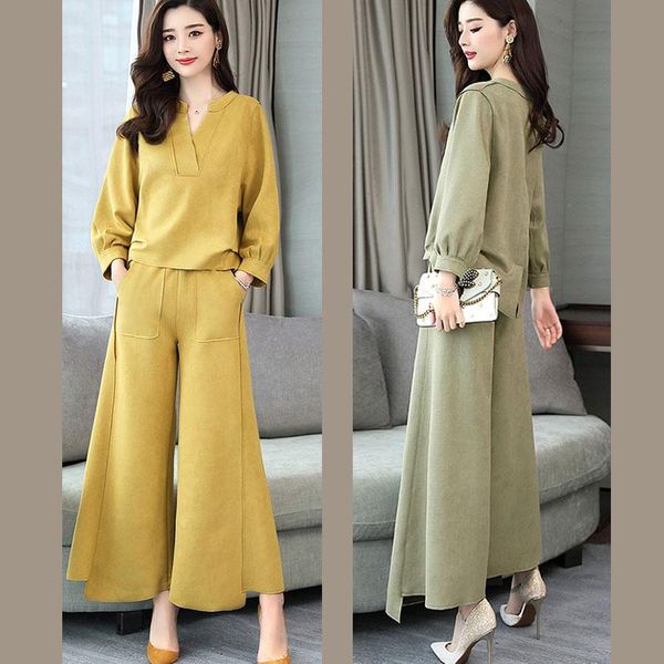 

women's tracksuits spring femal suits loose v-neck nine-point lantern sleeves suede shirt irregular wide-leg trousers solid color women, Gray