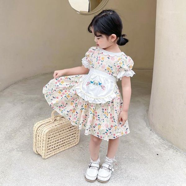 

summer arrival girls fashion floral dress with apron kids korean design cotton clothes girl's dresses, Red;yellow