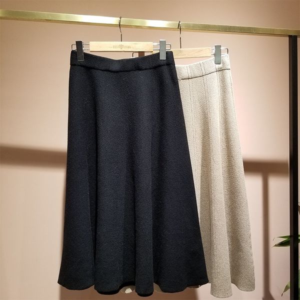 

winter ladies pure color elegant high waist warm stretch chic bust a-line knitted skirt temperament 210521, Black