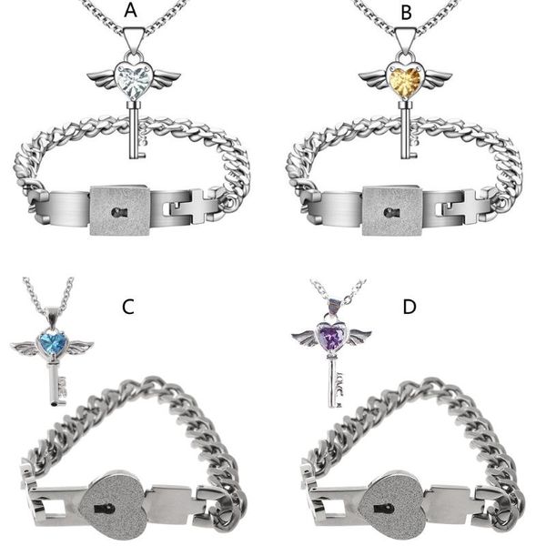 

earrings & necklace 85lf 2pcs stainless steel love heart key lock macthing bangle bracelet pendant couple lover jewelry set, Silver