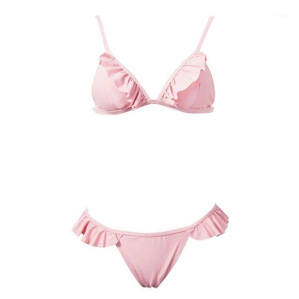 

women's swimwear summer womens padded push-up bikini set ruffles mid waist triangle swimsuit bathing suit beachwear 3 colors, White;black