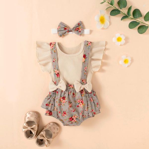 

clothing sets 3pcs summer infant baby girl clothes set sleeve ruffles ribbed solid +floral bow suspender shorts born suit, White