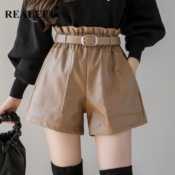 

women's shorts realeft vintage pu leather with belt fashionable high elastic waist wide leg black autumn winter 2021, White;black