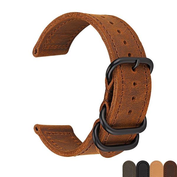 

watch bands handmade crazy horse genuine leather strap vintage band with balck buckle keeper loops 18mm 20mm 22mm 24mm, Black;brown