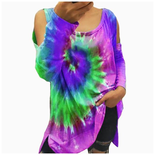 

stylish hollow out tie-dye shirts women casual long sleeve cold shoulder strapless blouse plus size tunique longue femme women's blous, White