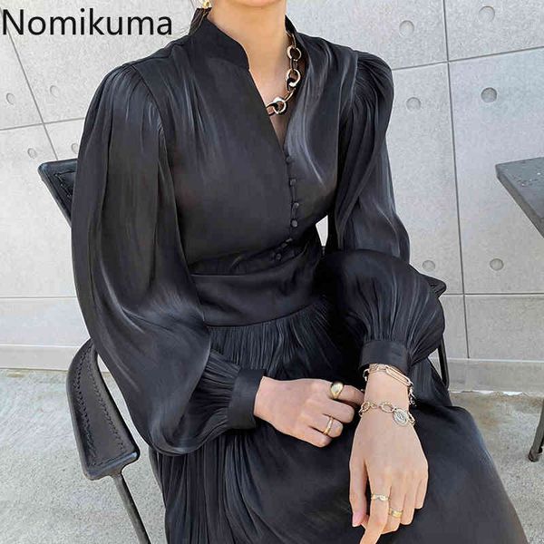 

nomikuma korean elegant buttons stand neck women dress lantern long sleeve slim waist a-line dresses new vestidos 6d439 210427, Black;gray