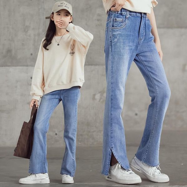 

jeans 2021 autumn girls school kids flared clothes elastic waist childrens pants student outdoor teenager trousers, Blue