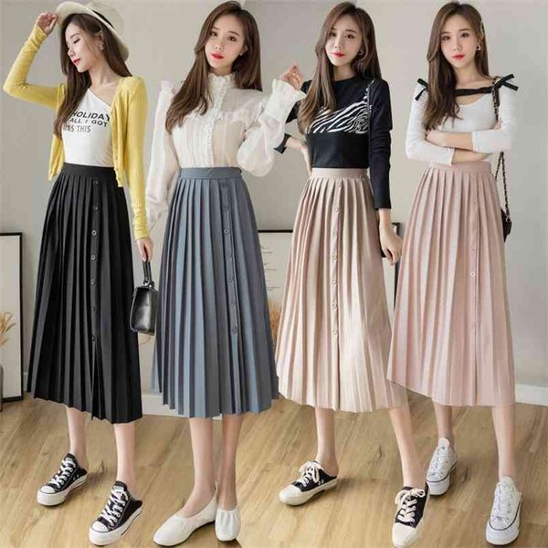 

summer korean elastic high waist slim plus size pleated skirt casual simple loose women a-line long 210527, Black