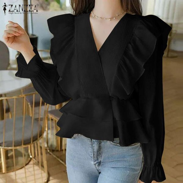 

women's blouses & shirts zanzea women elegant v neck ruffles blouse spring fashion office lady casual long sleeve solid blusas female, White