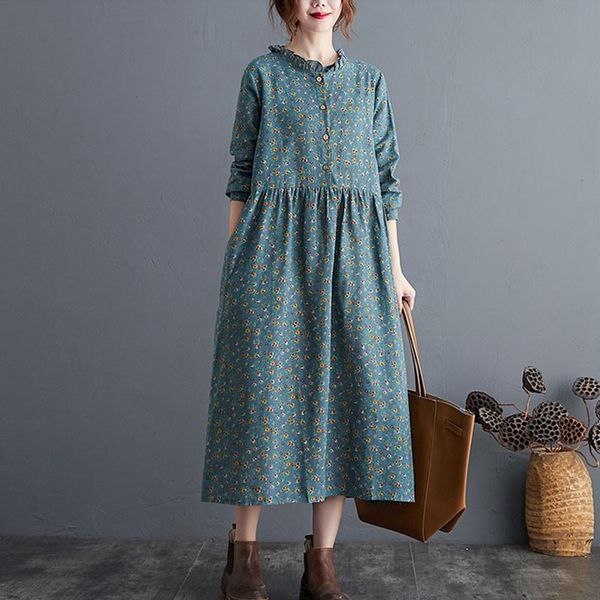 

casual dresses women cotton linen long dress 2021 autumn vintage floral print stand collar ladies elegant a-line s2115, Black;gray