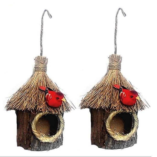 

2pcs straw hanging wooden birdhouse bird nest garden home parrot canary cages