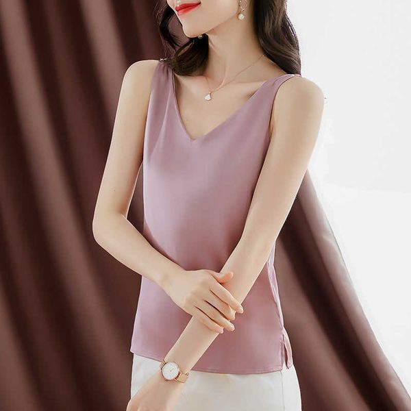 

korean women silk woman satin blouse sleeveless white v neck s plus size ladies pink shirt 210604