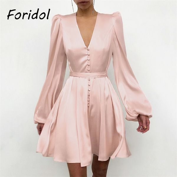 Foridol Button Up Satin Kleid Frauen Laterne Ärmel Vintage Rosa Party Kleid V-ausschnitt Damen Elegante Kurze A-linie Seide kleid 210415