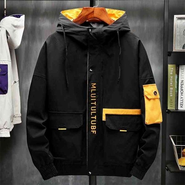 

jacket men's spring and summer casual solid color tooling hooded slim high-quality dust-proof 210925, Black;white