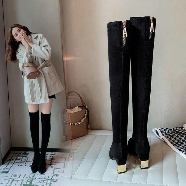 

boots women's fashion over the knee square heel thigh zipper autumn and winter shoes, Black