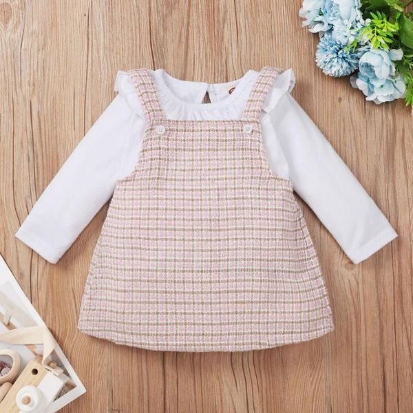 

clothing sets 2021 winter children casual long sleeve o neck white solid t-shirt pink plaid dress cute 2pcs girls boys clothes