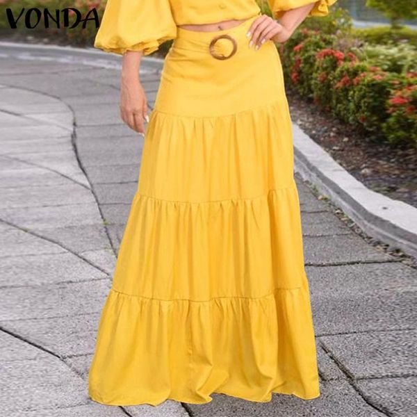

skirts vonda 3 colors women elegant pleated summer solid long maxi ladies zipper high waist skirt plus size streetwears, Black