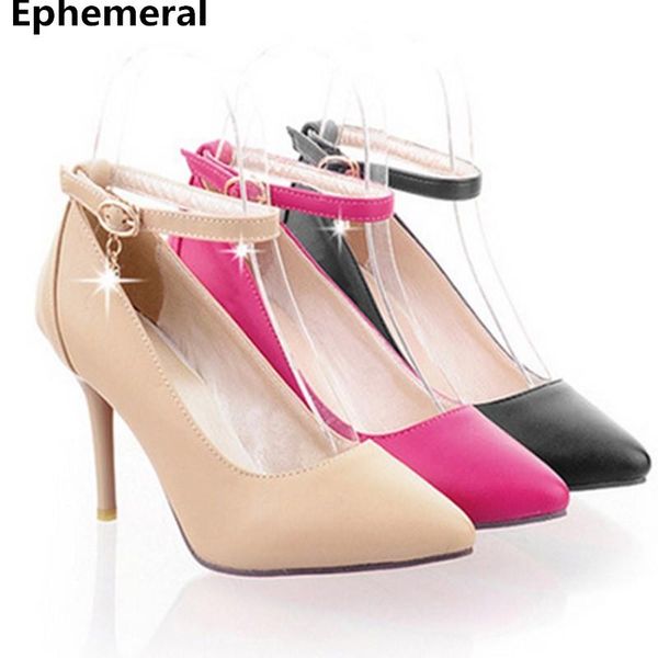 

women's designer high pumps buckle starp accurate big size 34-43 shoes thin heels nigh club pointy toe stiletto dress, Black