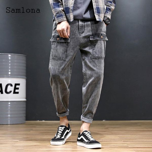 

men's jeans samlona plus size mens demin pants kpop style 2021 summer gray jean multi pockets trouser fashion hip hop pencil pant, Blue