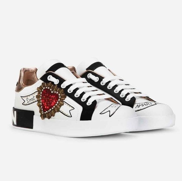

elegant brands portofino sneakers shoes men's printed nappa calfskin crown embroidery gold-plated casual walking luxurious trainers, Black