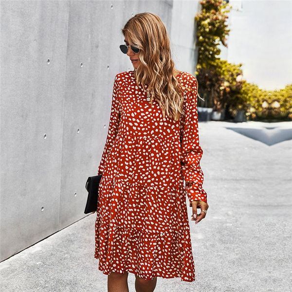 

casual dresses autumn winter temperament print dress women button a line loose knee length for fashion, Black;gray