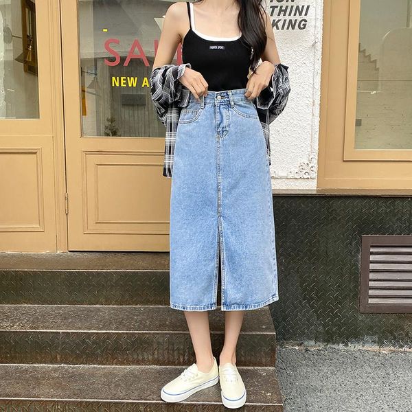 

skirts real po split denim skirt for women's high waist 2021 summer mid length slim buttock a-line, Black