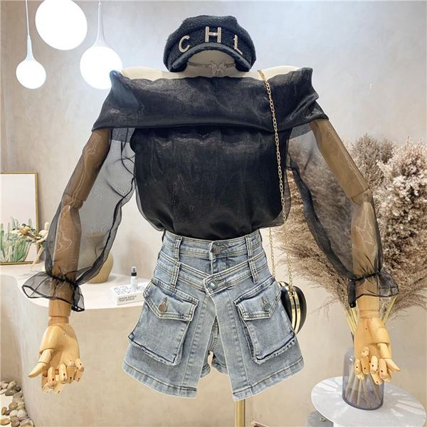 

women's blouses & shirts niche design clothing summer 2021 fashion sense off shoulder long sleeve gauze with sweet temperament, White