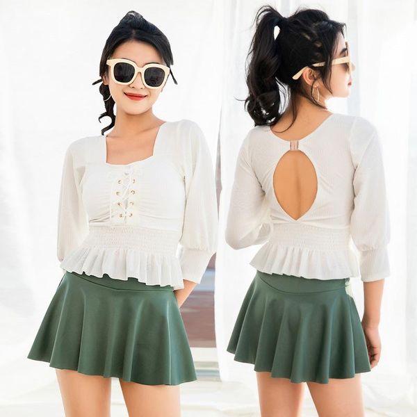 

one-piece suits 2021 fashion conservative swimwear ins wind high-end flat skirt style spring ladies long-sleeved sunscreen swimsuit