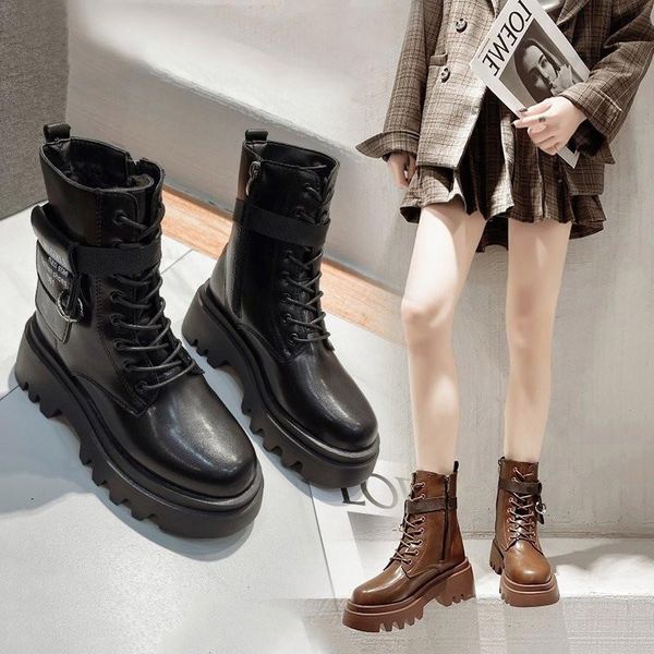 

boots women's 2021 winter british high heel thin plush big cotton handsome short, Black