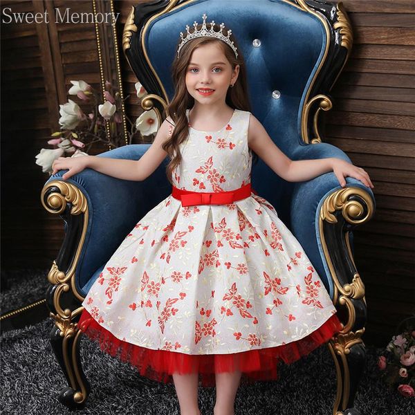 

girl's dresses blue pink red white princess gown 2021 flower girl lace embroidery wedding party dress sweet memory kids birthday robe, Red;yellow