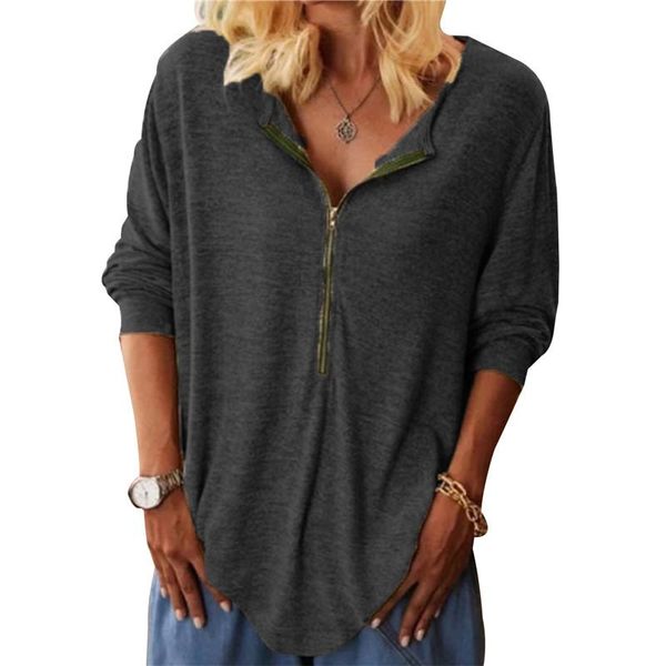 

women's t-shirt spring and autumn zipper solid long sleeve, White