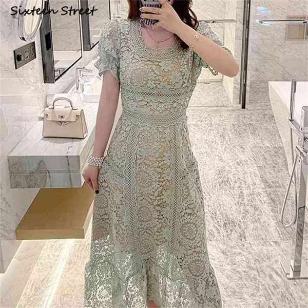 

summer vintage dress woman green lace puff sleeve o-neck bodycon female high waist elegant party runway es 210603, Black;gray