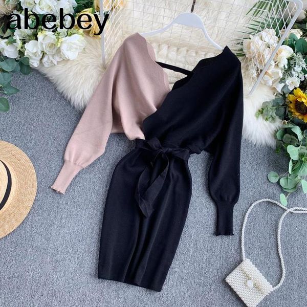 

casual dresses elegant sashes v neck knit dress women 2021 backless autumn long sleeve sweater ladies bodycon short, Black;gray
