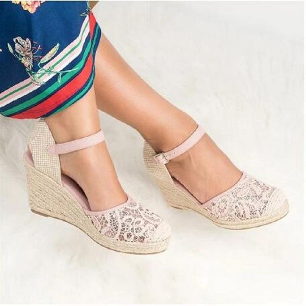 

sandals 2021 summer women high heels wedges lace embroidery ladies platform espadrilles black shoes large size