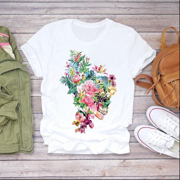 

fruit flower skull floral womens t shirts funny cute printed 90s graphic tee, White