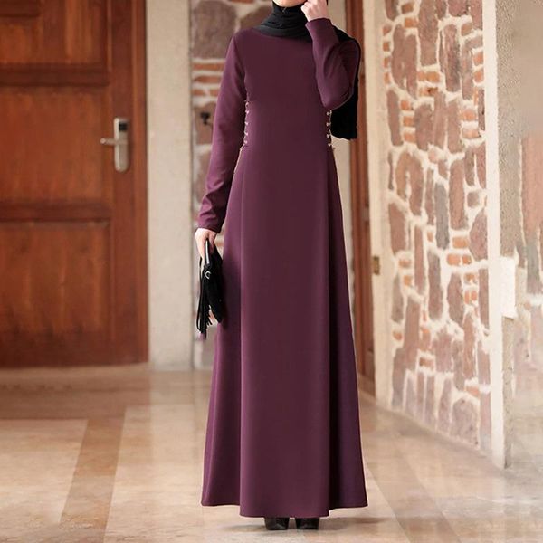 

casual dresses muslim fashion maxi for women plus size abaya office lady a-line solid full round neck, Black;gray
