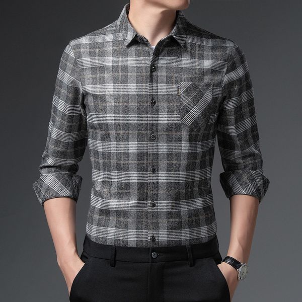 

2021 autumn middle-aged men's shirt dad fashion korean casual plaid pocket shirt men, Black