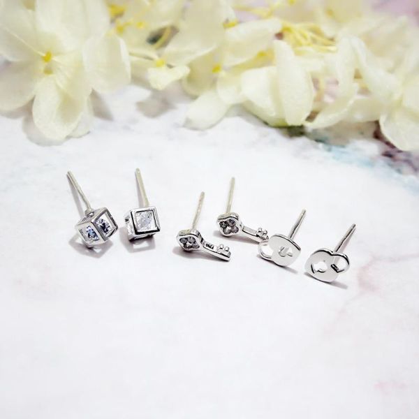 

stud genuine 925 sterling silver key geometric earrings for women girls korean tiny zircon earring set jewelry accessories, Golden;silver