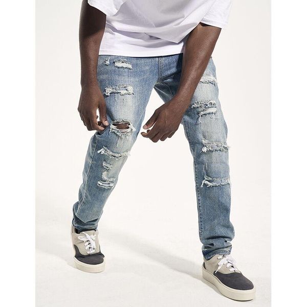 

men's jeans fashion small leg stretch pants high street with holes, Blue
