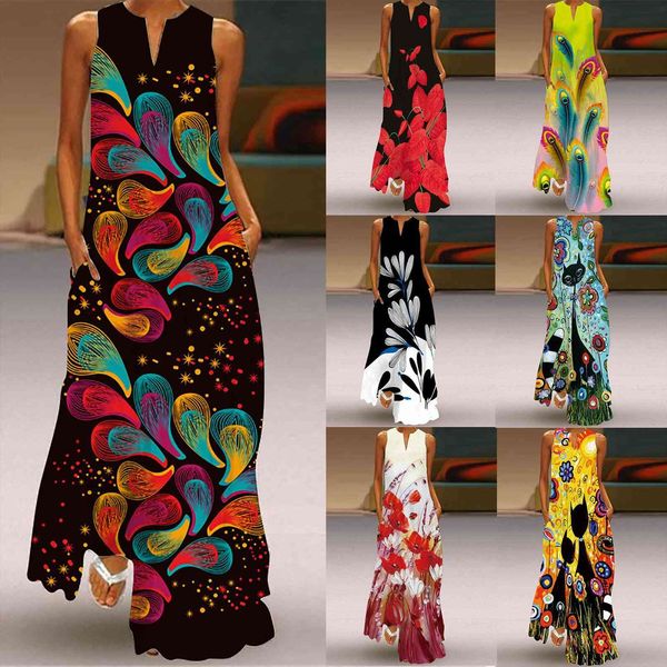 

summer casual long with women dress striped floral print sleeveless maxi plus size dresses, Black;gray