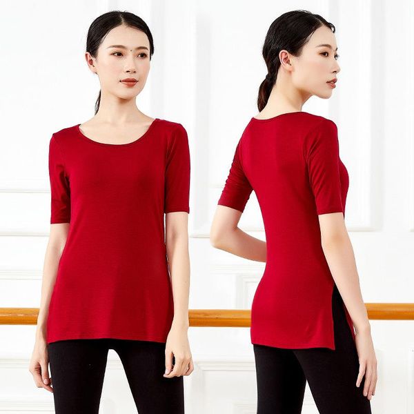 

men's sweaters modern dance practice clothes female yoga short sleeve side split classical body performance, White;black