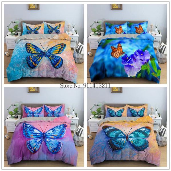 

zipper closure print blue butterfly duvet cover set with pillowcase comforter single double  king size 2/3pcs bedding sets