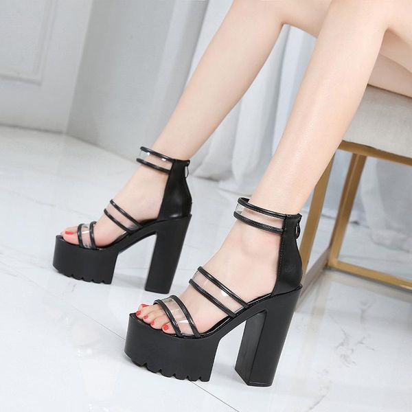 

15cm high heels sandals women muffins platform gladiator sandalias cover heel transparent band open toe sandalet y1065, Black