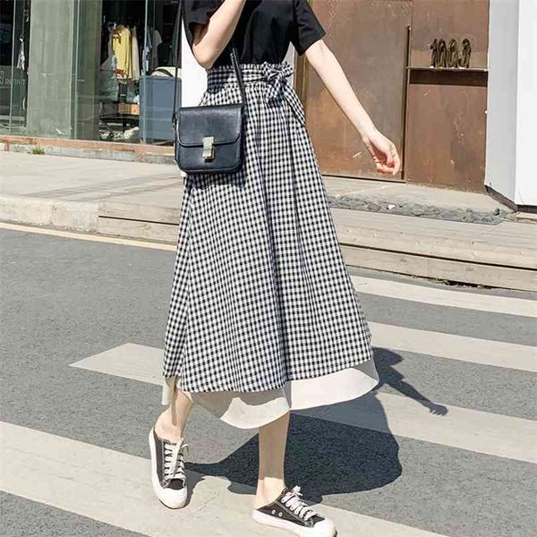 

casual women's skirts for spring and summer cotton linen plaid high waist thin stitching retro a-line 210520, Black