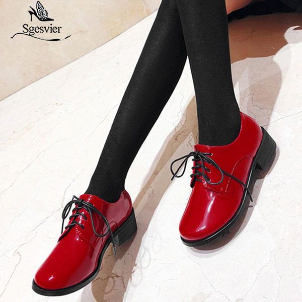 

dress shoes sgesvier spring chunky heels patent faux leather lace up med block womens daily leisure red black blue women pump